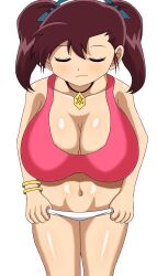 1girls bakusou_kyoudai_let's_and_go bent_over big_breasts breasts brown_hair busty cleavage closed_eyes female female_only hi_res jewelry large_breasts leaning_forward legs midriff navel necklace oogami_marina panties sideboob solo tank_top thighs twintails underboob underwear undressing voluptuous white_panties