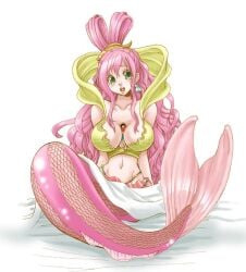 bra breasts chikaburo cleavage crying female fish_girl green_eyes male mermaid mermaid_giantess mermaid_girl mermaid_position mermaid_tail monkey_d_luffy one_piece pink_hair pink_tail shirahoshi straight_hair