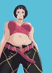 big_breasts black_hair cherrycola clothed empress female female_only kuja_tribe looking_down loose_belt midriff one_piece pov pubic_hair pubic_hair_peek shakuyaku short_hair solo solo_female straight_hair suggestive