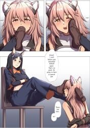 2girls aki_(aoirowings) animal_ear_fluff animal_ears arknights black_hair black_socks blush bound bound_arms breasts bright_pupils chair comic dobermann_(arknights) dog_ears feet feet_licking foot_worship footwear gravel_(arknights) heart knee_socks kneehighs kneesocks legs legs_spread long_hair lying lying_on_back pink_hair pupils shoes sitting sock_in_mouth sock_pull socks text toe_sucking toes yuri