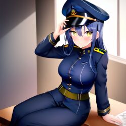 ai_generated blush dark_blue_hair daytime golden_belt military_hat military_uniform sitting_down stable_diffusion yellow_eyes