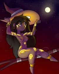 1girls 2021 bangle body_markings breasts broom broom_riding female female_only glowing_markings halloween hi_res leslie_(sushiki) long_hair moon naked night nipples nude original solo solo_female sushiki witch witch_hat yellow_eyes