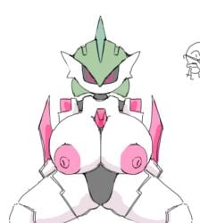 2d featureless_crotch female female_focus female_only front_view green_hair huge_breasts iron_valiant looking_at_viewer nintendo nipples nude paradox_pokemon pink_eyes pink_nipples pokémon_(species) pokemon robot robot_girl robot_humanoid subjectdie_(artist) thick thick_thighs white_background