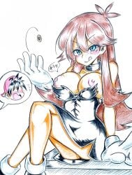 black_dress blue_eyes blush breastless_clothes breasts breasts_out brown_hair casual_exposure casual_nudity exposed_breasts green_(pokemon) large_breasts looking_at_viewer nipples no_bra pokemon pokemon_(manga) pokemon_adventures pokemon_rgby red_(pokemon) sitting tongue_out torn_clothes yuno_daisuki