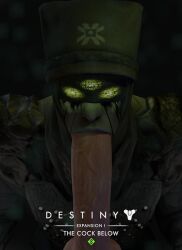 3_eyes 3d big_penis blindfold blowjob bungie destiny_(game) destiny_2 eris_morn fellatio green_eyes hat pov text unknown_artist