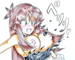 assisted_exposure bare_shoulders big_breasts black_dress blue_eyes blush breasts breasts_out brown_hair embarrassed exposed_breasts gloves green_(pokemon) large_breasts nipples no_bra open_mouth pokemon pokemon_(manga) pokemon_adventures pokemon_rgby surprised topless_female torn_clothes turtleneck_dress wakipai wardrobe_malfunction white_gloves yuno_daisuki