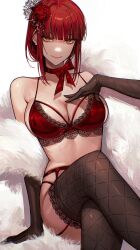 1girls arm_gloves big_breasts black_stockings bow bra breasts chainsaw_man choker devious_grin devious_smile earrings garter_belt garter_straps gloves grin light-skinned_female light_skin makima_(chainsaw_man) red_bra red_garter_belt red_garter_straps red_hair smile solraka stockings tagme_(artist) yellow_eyes