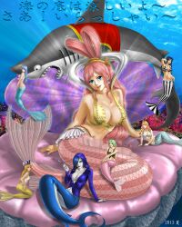 10s 2013 6+girls 7girls ass bikini bikini_top_only black_shirt blonde_hair blue_eyes blue_hair blue_shirt blue_tail blush breasts brown_eyes brown_hair camie camie_(one_piece) cleavage earrings female female_only fins fish_girl fish_tail fishman_island giant giantess gills green_hair hair_ornament hair_over_one_eye highres holding hood hoodie ishilly jewelry kairen_(one_piece) keimi kiseru large_breasts lipstick long_hair long_sleeves lulis madame_shirley madame_shyarly makeup megalo mermaid mermaid_ass mermaid_girl mermaid_position mermaid_tail mero_(one_piece) monster_girl multiple_girls necklace one_piece pink_hair pink_tail polka_dot polka_dot_bikini purple_lips scales seductive seductive_look seductive_pose seductive_smile shark shark_girl shirahoshi shirt short_hair smoking_pipe sora_(one_piece) straight_hair striped_tail swimsuit tail toten_(artist) translation_request underwater wide_hips yellow_tail