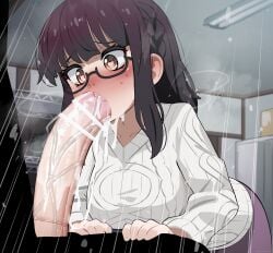 1boy 1girls absurd_res big_breasts big_penis blowjob blush breasts censor_bar censored clothed_female clothing dark_hair erect_penis erection fellatio female fujimiya_sumika fully_clothed glasses has_uncensored_version heart-shaped_pupils heavy_breathing highres huge_cock isekai_ojisan large_penis light-skinned_female light-skinned_male light_skin long_hair mizumizuni oral penis saliva sweat sweatdrop veiny_penis visible_breath