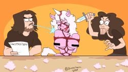 2020 angry anthro anthrofied arin_hanson ball_gag beard bodily_fluids bondage bound breasts censored censored_breasts closed_eyes clothed clothing cursed_image danny_sexbang digital_media_(artwork) egoraptor equid equine facial_hair female fur furniture gag game_grumps group hair horn human imminent_death knife male male/female mammal meme nude open_mouth reading restraints rope rope_bondage rope_harness shirt shoocharu signature simple_background spitting_on_face stuffing submissive table topwear torture trio unicorn weapon