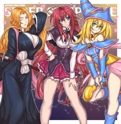 3girls ahoge arm_behind_head background_text black_capelet black_corset black_kimono bleach blonde_hair blue_dress blue_eyes blue_footwear blue_headwear boots border breasts capelet cleavage closed_mouth collared_shirt commentary corset crossover dark_magician_girl dress english_commentary english_text female female_only fully_clothed gold_choker green_eyes hair_between_eyes hand_on_hip hand_on_own_thigh hat heart high_school_dxd holding holding_wand japanese_clothes katana kimono knee_boots kuoh_academy_school_uniform large_breasts long_hair looking_at_viewer matsumoto_rangiku mole mole_under_mouth multiple_girls one_eye_closed orange_hair outside_border parted_lips patreon_username pink_shawl pink_skirt pleated_skirt red_hair red_skirt redjet rias_gremory school_uniform shawl sheath sheathed shirt simple_background skirt smile standing standing_on_one_leg sword wand weapon white_border white_hair wizard_hat yu-gi-oh!