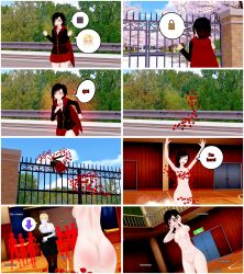 3d ass breasts casual crowd embarrassed embarrassed_nude_female enf female fence glynda_goodwitch gym human knockwolf koikatsu nude pale_skin public_nudity pussy rose_petals ruby_rose rwby school_uniform wardrobe_malfunction