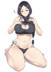 1girls black_eyes black_hair bleach braid breasts cat_cutout cat_lingerie cleavage cleavage_cutout clothing_cutout female highres kuma_(jk0073) large_breasts long_hair mature mature_female mature_woman meme_attire milf panties seiza side-tie_panties single_braid sitting solo underwear unohana_retsu white_background