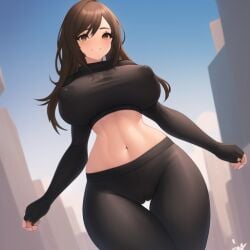 1girls ai_generated big_thighs black_clothing brown_eyes brown_hair female front_view leggings legs navel nipples smile stable_diffusion teenager thick_thighs thigh_fetish thigh_gap thighs tight_clothing young