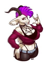 anthro big_breasts blazbaros bovid caprine ear_piercing ear_piercings ear_ring earrings female_only furry furry_only goat hand_gesture hand_on_hip hoodie horns jeans lingerie looking_at_viewer lowrise_jeans midriff mohawk pentagram piercing sign_of_the_horns solo solo_female spiked_choker thong thong_above_pants thong_straps tongue_out underwear zipper