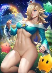 blonde_hair bottomless cleavage covered_breasts crown edited hartman_hips hourglass_figure large_breasts long_sleeves looking_at_viewer luma mario_(series) navel neoartcore nintendo nudtawut_thongmai princess_rosalina pussy shaved_pussy super_mario_galaxy thick_thighs uncensored wand