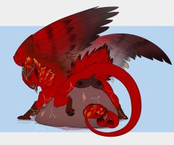 avian belly breasts bulge cmitchell digestion female feral fur genitals gryphon hi_res horn mythological_avian mythology pussy red_body red_fur solo tommy_(disambiguation) victim vore wings yellow_eyes