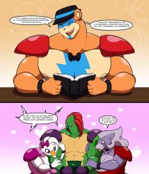 2boys 2d 2d_(artwork) 2d_artwork 2girls big_breasts breasts canine female five_nights_at_freddy's five_nights_at_freddy's:_security_breach fnaf glamrock_chica_(fnaf) glamrock_freddy_(fnaf) lunarartstudios_(artist) male montgomery_gator_(fnaf) muscular muscular_male roxanne_wolf_(fnaf) scottgames steel_wool_studios tagme wholesome wolf