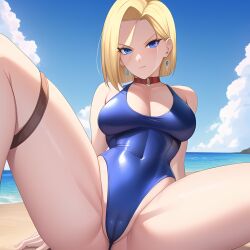 ai_generated android_18 anything_diffusion beach blonde_hair blue_eyes dragon_ball dragon_ball_z kxy spread_legs stable_diffusion swimsuit