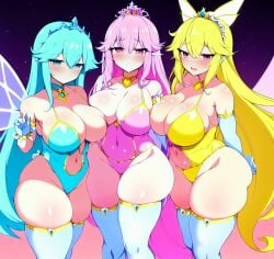 3girls ai_generated armor big_breasts blonde_hair blue_armor blue_hair blush breasts clothing eyebrows_visible_through_hair fairy fairy_wings female female_focus female_only gloves happy hi_res highres huge_breasts human humanoid light-skinned_female light_skin long_hair looking_at_viewer nai_diffusion pink_armor pink_eyes pink_hair plushie princess simple_background sisters smile stable_diffusion stockings thick thick_thighs thighhighs thighs wide_hips yellow_armor