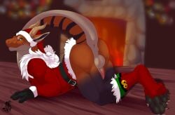 anthro ass balls christmas clothing dragon drakons fireplace genitals hi_res holidays male noel_(disambiguation) omez paws penis sephir solo