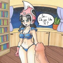 bikini_armor black_hair brownpidgeon chichi's_armor chichi's_helmet chichi_(cosplay) dragon_ball dragon_ball_z embarrassed erection gloves shoulder_pads speech_bubble straight_hair videl