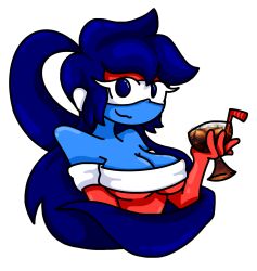 big_breasts big_hair blue_body blue_eyes blue_hair blue_skin boobs breasts female female_only giant_breasts gloves holding_drink holding_object long_gloves long_hair massive_breasts no_bra no_panties no_underwear pepsi pepsi-chan pepsi_addict pepsiwoman ponytail ponytail_female pose posing red_gloves rule_63