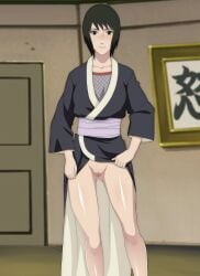 1girls bare_legs bare_thighs black_eyes black_hair blush breasts clothed_female clothing clothing_lift female female_only hokage_office indoors inviting inviting_to_sex kimono kimono_lift lifted_by_self long_hair looking_at_viewer naruto naruto_(series) naruto_shippuden no_panties no_underwear presenting presenting_pussy shizune smile solo solo_focus standing thighs