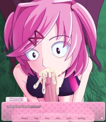 1boy 1girls blowjob comic comic_page cum cum_in_mouth cum_inside doki_doki_literature_club male_pov moritaris natsuki_(doki_doki_literature_club) pink_hair pov sports_bra sportswear