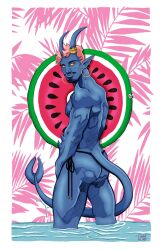 blue_skin demon floatie horns looking_at_viewer looking_back male male_only micah_(pool_boys) muscles muscular muscular_male pointy_ears pool_boys_(comic) tail terry_blas thong