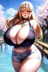 ai_generated alternate_breast_size arms_behind_back blonde_hair breast_expansion bridge bursting_breasts cherry_blossoms chest_jewel core_crystal crop_top curvy detailed_background full-face_blush gem gigantic_breasts huge_breasts long_hair looking_at_viewer monolith_soft motion_lines mythra_(xenoblade) narrow_waist nintendo open_mouth shiny_skin shorts skindentation stable_diffusion surprised sweat taut_clothes thick_thighs tiara undersized_clothes video_games village water wide_hips xenoblade_(series) xenoblade_chronicles_2 xenomon