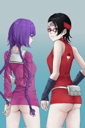 2girls alternate_costume armor arms_behind_back ass back bare_legs black_eyes black_hair boruto:_naruto_next_generations breasts cleavage dou dress female female_only glasses hand_on_hip highres holding_own_arm human japanese_armor kakei_sumire looking_at_viewer looking_back mana_(manasenshou) multiple_girls naruto naruto_(series) no_panties ow_twintails petite purple_eyes purple_hair red_dress round_ass sailor_collar sailor_dress sarada_uchiha short_dress short_hair teenager thighs twintails