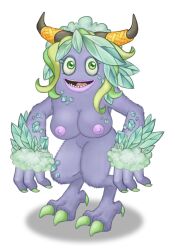 1girls 1monster accurate_art_style anthro big_blue_bubble biped breasts brown_horn clawed_feet clawed_fingers claws colored_eyelashes curly_hair edit edited_official_artwork eyelashes fangs female female_only fur green_claws green_eyes green_hair green_nails horn horn_ornament horns humanoid leaf_hair looking_at_viewer lower_teeth maggpi medium_hair monster monster_girl my_singing_monsters nude open_mouth purple_body purple_fur purple_lips purple_nipples self_upload smile smiling smiling_at_viewer solo solo_female sprite_edit third-party_edit transparent_background werdo werdos_(msm)