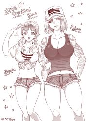 2girls adam_dudley american_flag bare_midriff big_breasts canon_genderswap cleavage denim_shorts female female_only freckles genderswap_(mtf) hand_on_hip heart-shaped_eyewear kengan_(series) kengan_ashura kengan_omega looking_at_viewer mchiko_oekaki medium_hair monochrome nicolas_le_banner nipple_bulge no_bra rule_63 short_hair short_shorts shorts sunglasses sunglasses_on_head sweatdrop tattoo tattooed_arm tattoos thigh_gap tied_shirt toned toned_female twintails wavy_hair wide_hips