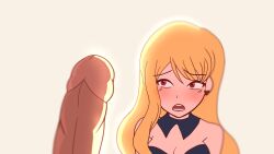 1boy 1girls blonde_hair blush breasts dark-skinned_male dark_skin english_text female juliette_(my_story_animated) light-skinned_female light_skin msa_girls my_story_animated official_style red_eyes self_upload shocked youtube