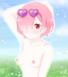 nipples pink_hair pink_nipples ram_(re:zero) re:zero_kara_hajimeru_isekai_seikatsu red_eyes s4mirukun short_hair small_breasts solo solo_female