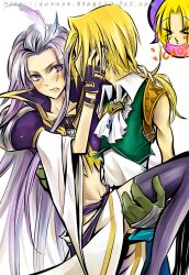 2boys blonde_hair embarrassed final_fantasy final_fantasy_ix gloves hand_on_face holding_leg kissy_face kuja legs_up lifting_leg long_hair long_hair_male male male_only silver_hair stockings thighhighs villain yaoi zidane_tribal