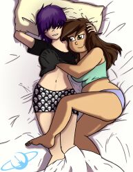 2girls bangs bed belly_button big_breasts blinding_bangs blue_eyes boxers breast_grab breasts brown_eyes brown_hair chubby feet groping groping_under_clothes large_breasts medium_breasts midriff navel original original_character pale-skinned_female pale_skin panties pattern_clothing pattern_underwear pillow plump purple_hair shirt shorts skull_print tan_body tan_skin tank_top thehappyspaceman watermark yuri