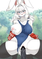 absurd_res anthro big_breasts blue_eyes bodily_fluids breasts censor_bar clitoris clothed clothing clothing_aside crouching dildo dildo_in_pussy dildo_insertion eyewear female fur genital_fluids genitals glasses hair hi_res holding_breast jacket kemono lagomorph legwear lemoco leporid mammal nipples one-piece_swimsuit one_breast_out open_mouth open_smile outside park penetration pink_nipples plant praline_(mizugi_bnuuy) pussy pussy_juice pussy_juice_on_dildo pussy_juice_on_hand rabbit round_glasses sex_toy sex_toy_in_pussy sex_toy_insertion smile solo stockings swimwear swimwear_aside thick_thighs topwear tree vaginal_penetration vaginal_penetration white_body white_fur white_hair