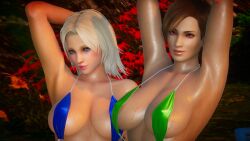 2girls 3d bikini blonde_hair dark-skinned_female dead_or_alive lisa_hamilton looking_at_viewer sling_bikini tina_armstrong