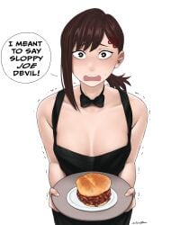 1girls apron apron_only big_breasts burger chainsaw_man cleavage dialogue dismaiden embarrassed english english_text female female_only food higashiyama_kobeni looking_at_viewer mappa meme nervous sandwich sloppy_blowjob_devil sloppy_joe talking_to_viewer