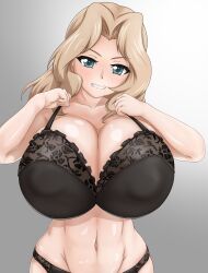 1girls angry angry_face black_bra black_panties blonde_hair blue_eyes bra breasts cleavage female female_only girls_und_panzer half_body huge_breasts kay_(girls_und_panzer) large_breasts lifting_strap lingerie navel panties parted_lips simple_background solo standing underwear undressing yagiyama_hituzi