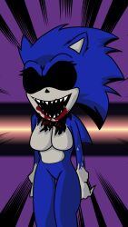 background big_breasts black_eyes blood blue_body blue_fur colorful_background exe_(revie) eyelashes faker_(revie) female female_focus female_only fur gloves rule_63 sonic.exe sonic.exe_(series) thick_ass thick_thighs thighs white_skin