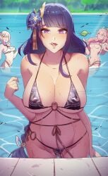 3girls alternate_version_available big_ass big_breasts bikini bikini_pull bra_pull cleavage female female_only flashing flashing_breasts genshin_impact hair_ornament himmely licking_lips light-skinned_female light_skin looking_at_viewer lumine_(genshin_impact) micro_bikini midriff mihoyo multiple_girls navel nipple_bulge panties_pull pool poolside purple_eyes raiden_shogun tongue wet yae_miko