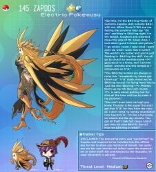 creature_index english_text female_focus hi_res kinkymation legendary_pokémon nintendo page_145 page_number pokémon_(species) pokemon pokemon-girl_encyclopedia pokemorph pokemusu profile tagme terrance_rainer_(kinkymation) text_box zapdos