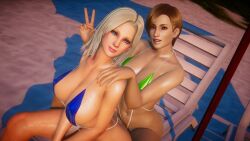 2girls 3d bikini blonde_hair dark-skinned_female dead_or_alive lisa_hamilton looking_at_viewer sling_bikini tina_armstrong