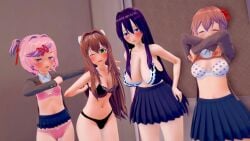 3d 4girls big_breasts black_bra black_panties blue_skirt both_eyes_closed bow_bra bow_panties bra breasts cleavage closed_eyes cometz different_breast_sizes doki_doki_literature_club eye_closed female female_only green_eyes koikatsu long_hair monika_(doki_doki_literature_club) multiple_girls natsuki_(doki_doki_literature_club) one_eye_closed panties pink_bra pink_eyes pink_hair pink_panties purple_eyes purple_hair sayori_(doki_doki_literature_club) short_hair skirt stripping taking_clothes_off yuri_(doki_doki_literature_club)