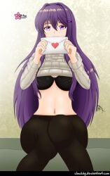 black_bra bra clouddg doki_doki_literature_club envelope leggings long_hair purple_eyes purple_hair yuri_(doki_doki_literature_club)