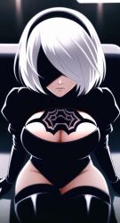 ai_generated android atmospheric bent_forward big_breasts black_clothing black_thighhighs blindfold cleavage cleavage_cutout expressionless hair_over_one_eye hair_ribbon kuibi mask nier:_automata pov short_hair sitting thick_thighs thighhighs white_hair yorha_2b