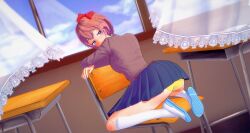 blue_eyes blue_skirt chair desk doki_doki_literature_club just_sayori mashirosolera panties sayori_(doki_doki_literature_club) school_chair school_desk shoes skirt yellow_panties